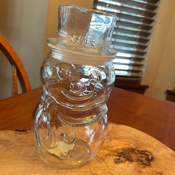 Vintage Clear Glass Libbey Snowman Jar with Lid - Picture 1 of 3